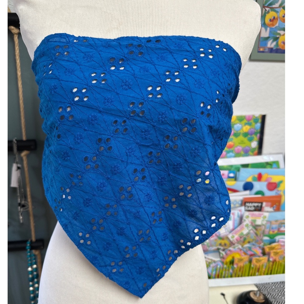 Free People Blue Eyelet Cotton Bandana Scarf  Strapless Pointed Hem Boho NWT